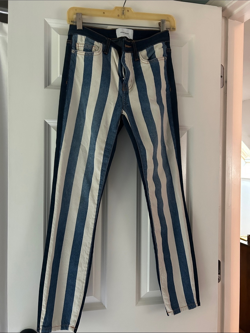 Current/Elliott Navy and White Vertical-Stripe Slim Straight Jeans